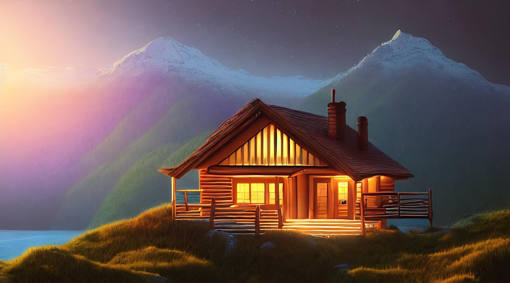 Digital illustration of a cozy cabin in the mountains