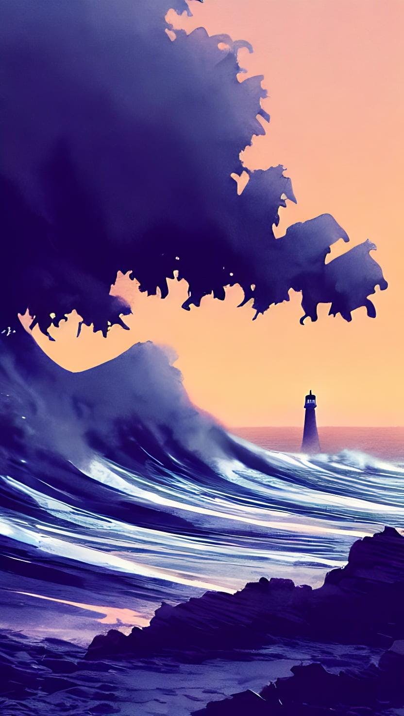 Digital Painting Of Majestic Waves Crashing Against A Tall Lit Lighthouse In The Distance At Dawn