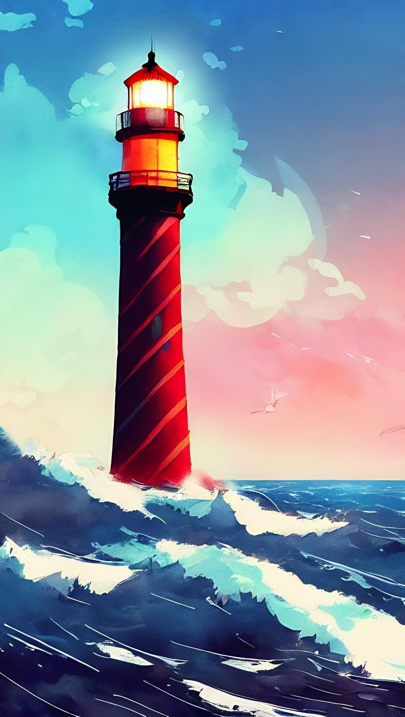 Digital Painting Of Majestic Waves Crashing Against A Tall Lit Lighthouse In The Distance At Dawn