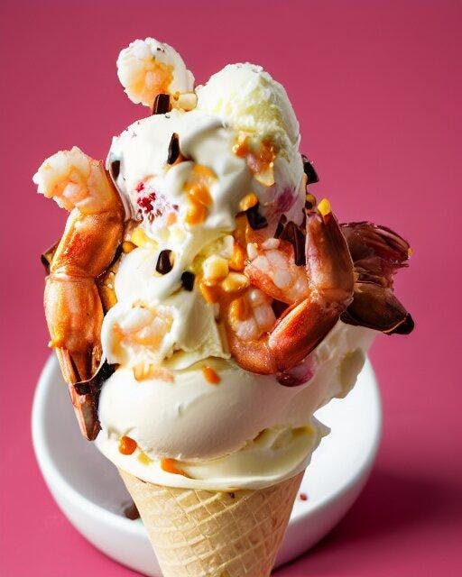 Dslr Food Photograph Of An Ice Cream Sundae With Shrimps On. Vanilla Icecream