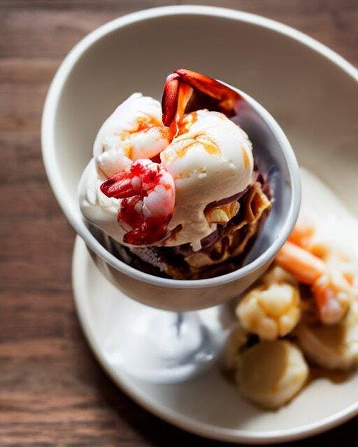 Dslr Food Photograph Of An Ice Cream Sundae With Shrimps On. Vanilla Icecream