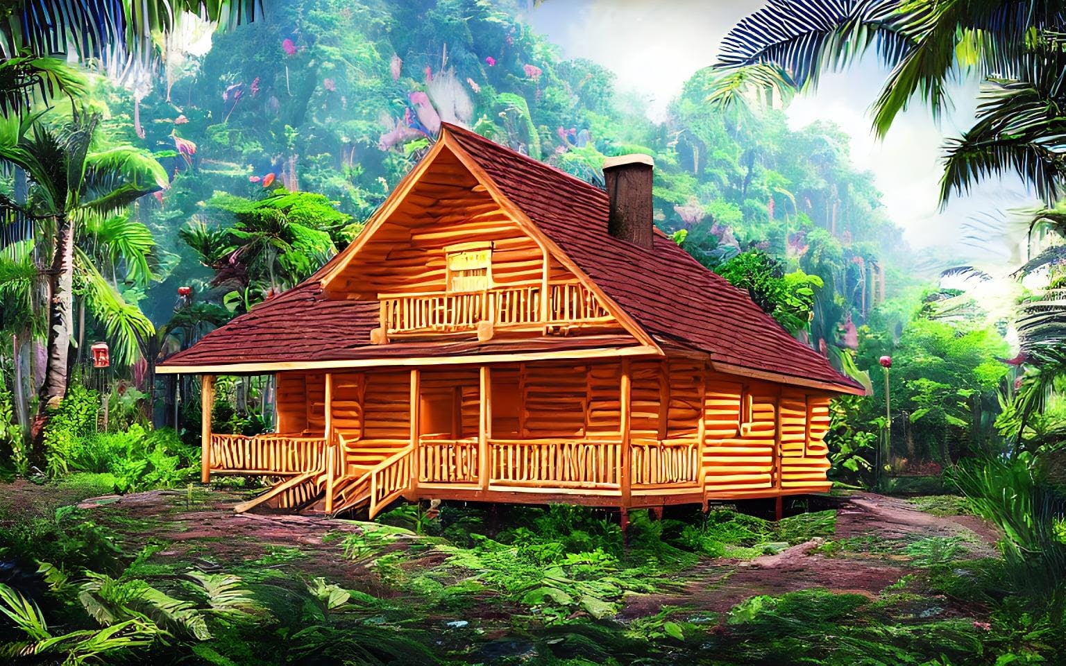 Golden log cabin in a vaporwave jungle