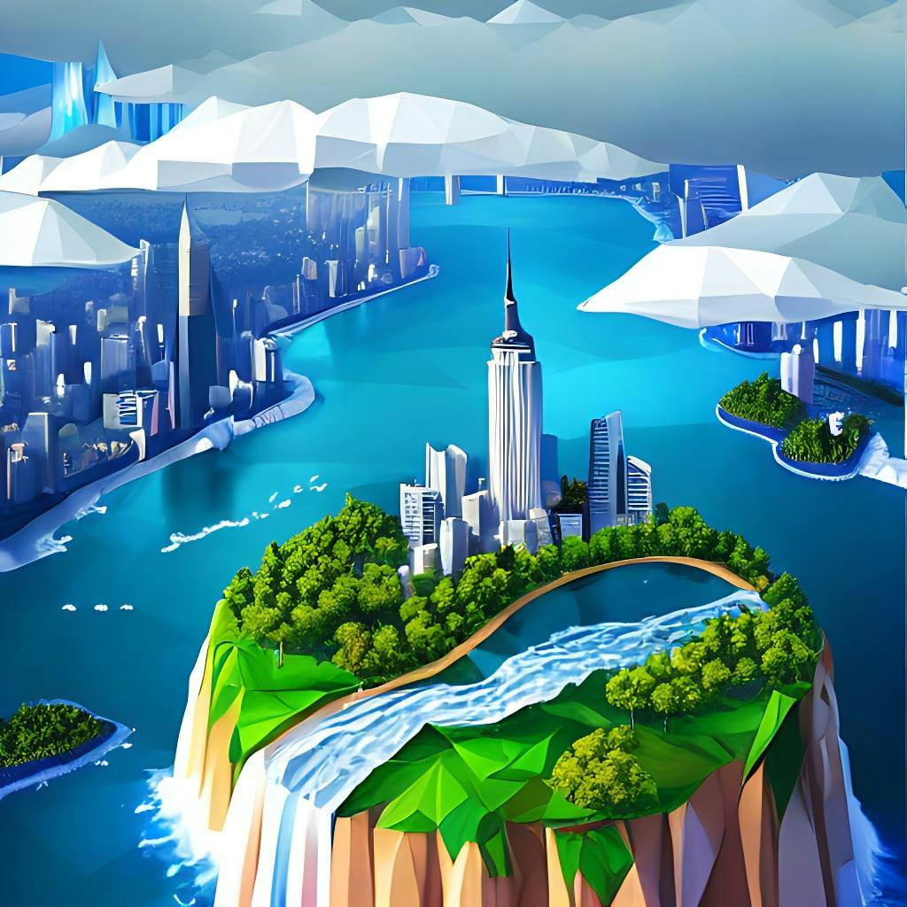 Low Poly Art Of A Round Floating Island Surrounded By Waterfalls In The Sky With The Skyscrapers Of New York On It