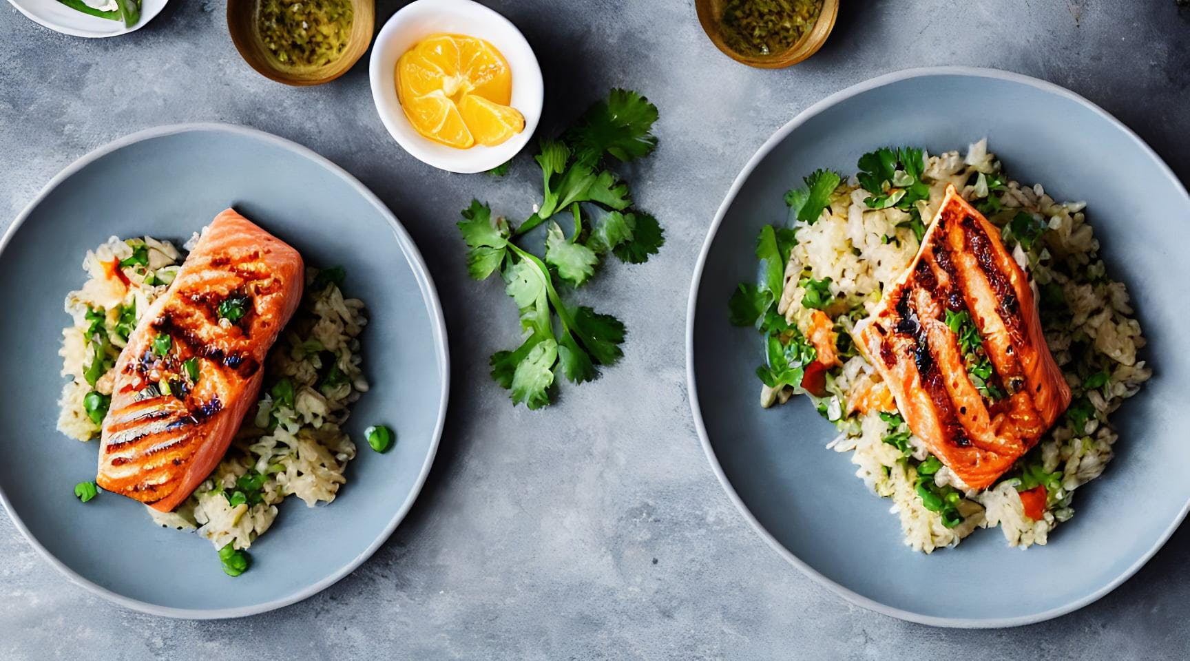 Photo Of Grilled Salmon Filet On Fried Rice With Coriander