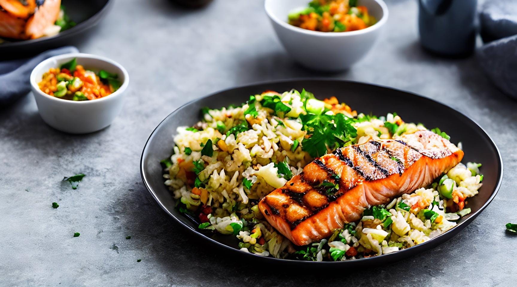 Photo Of Grilled Salmon Filet On Fried Rice With Coriander