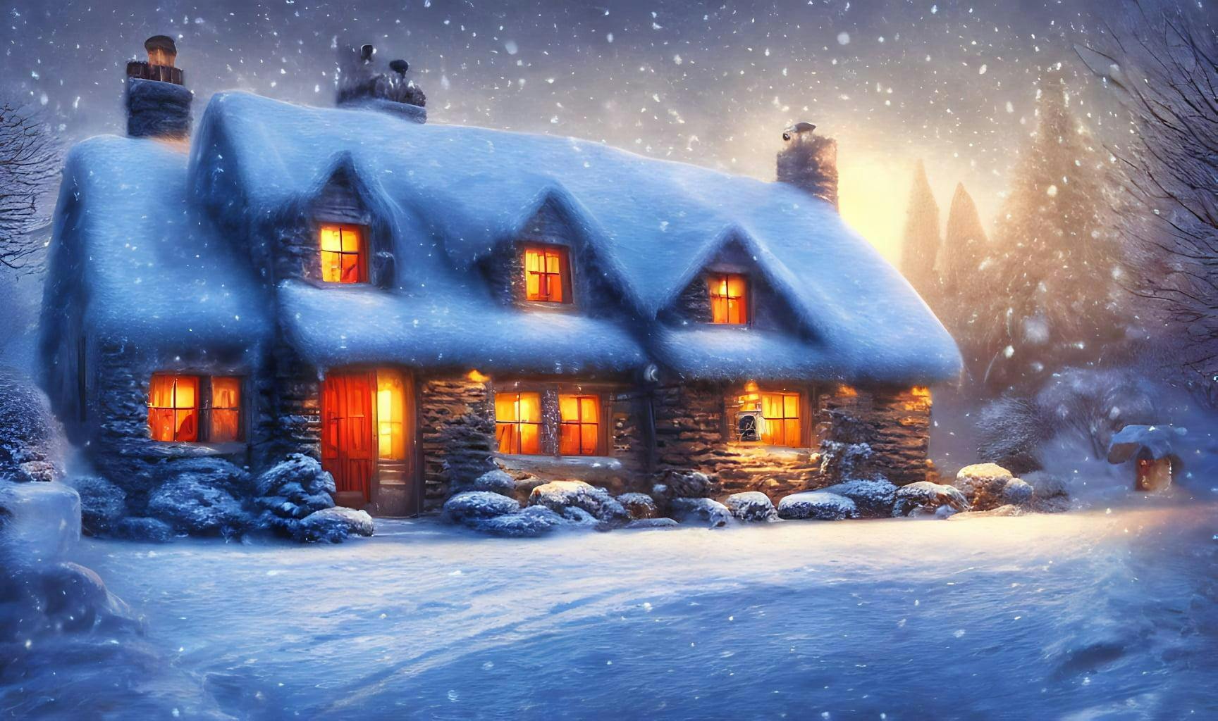 Photorealistic cold frigid winter night in a small cottage by shady safari and thomas kinkade with an atmospheric blue hazy hue midnight before christmas cinematic scene