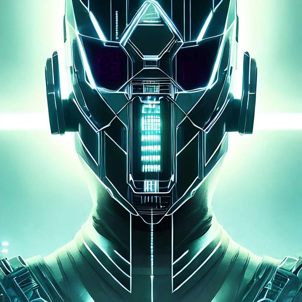 Professional Concept Art Portrait Of A Masked Cyber Punk Man In A Dark Room By Artgerm And Greg Rutkowski ( Thin White Border ). An Intricate