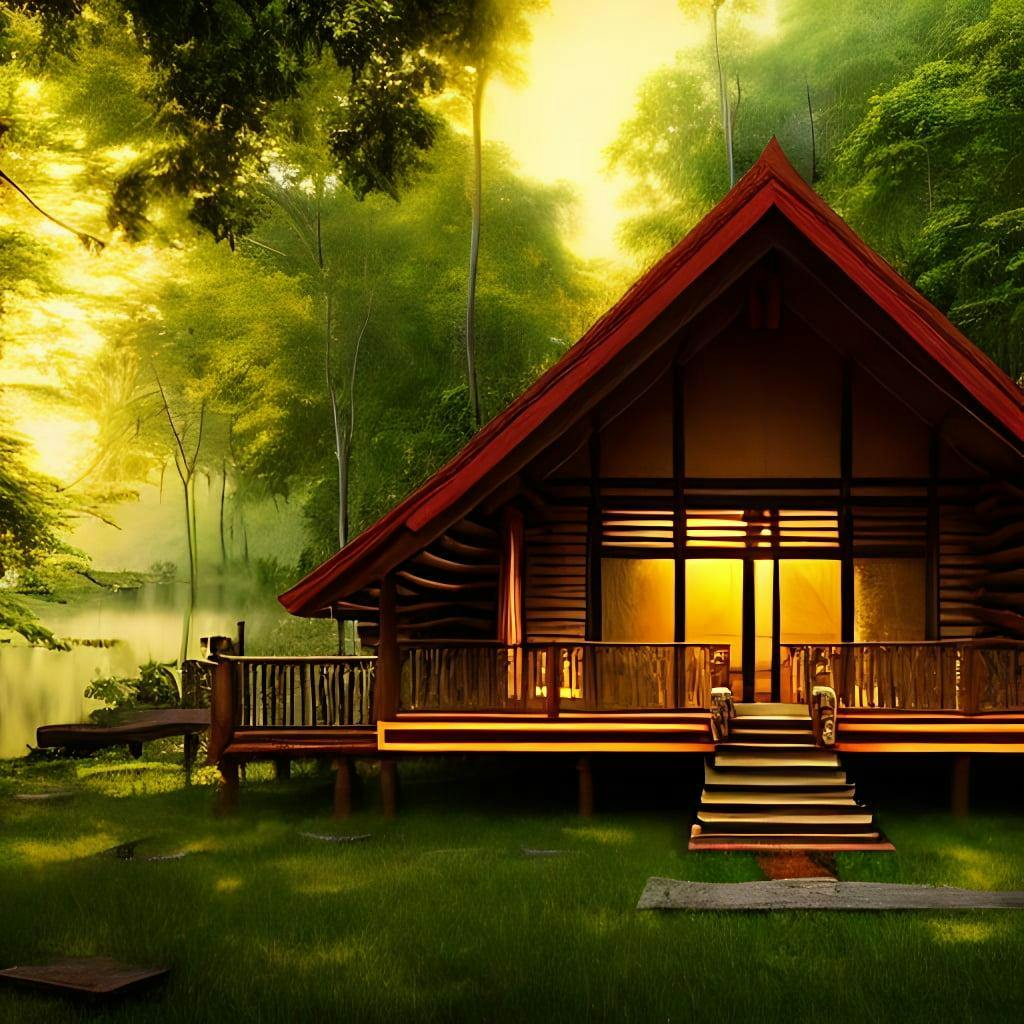 Thai style log cabin in the woods by the lake