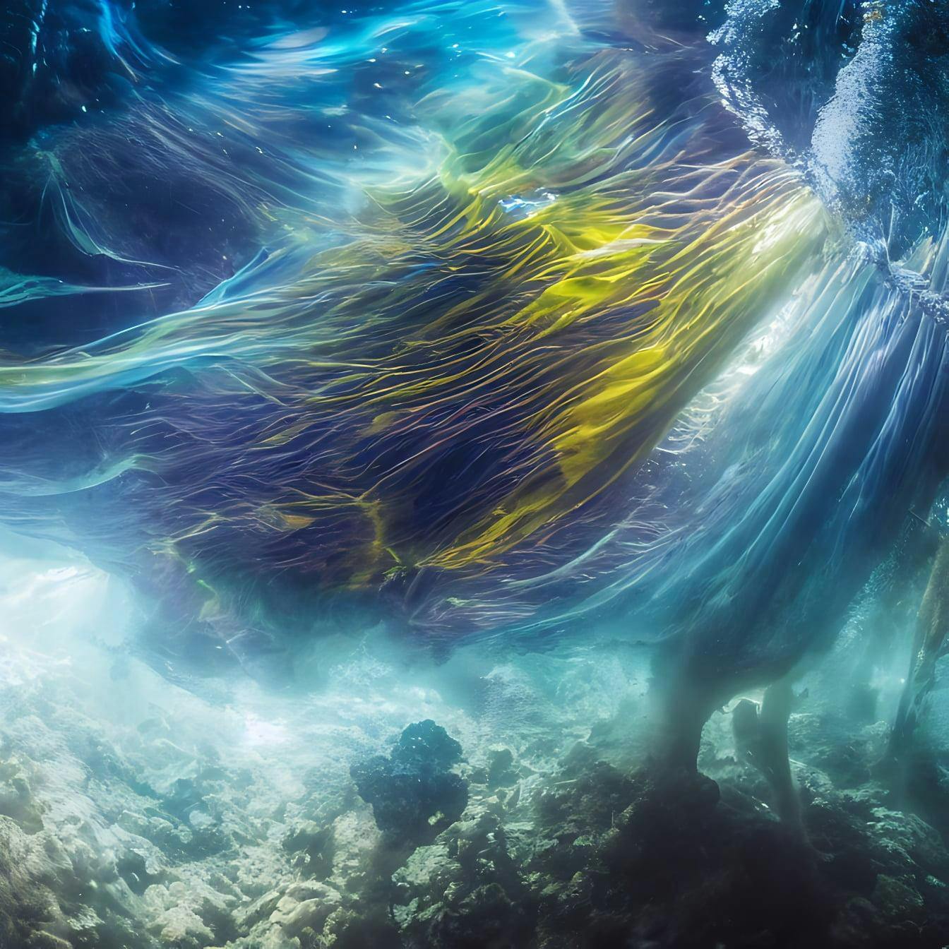 Underwater flowing magical place under sea with visible translucent beautiful waves trough which you can see the multicoloured universe and galaxies