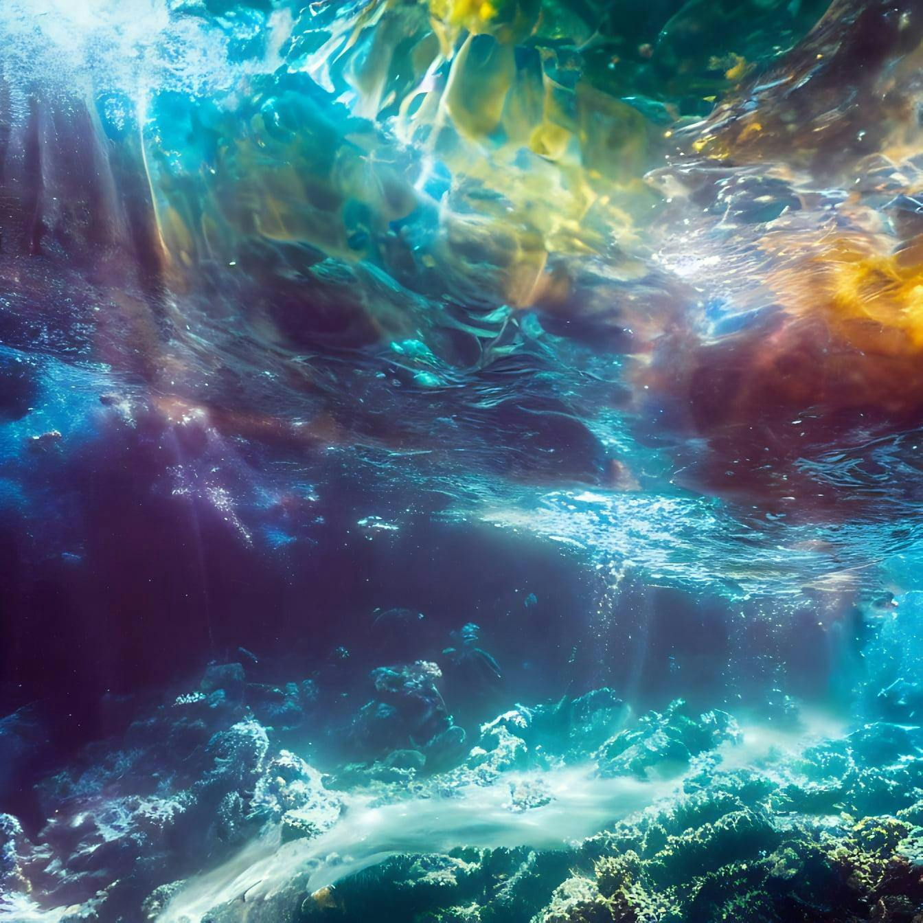 Underwater Flowing Magical Place Under Sea With Visible Translucent Beautiful Waves Trough Which You Can See The Multicoloured Universe And Galaxies