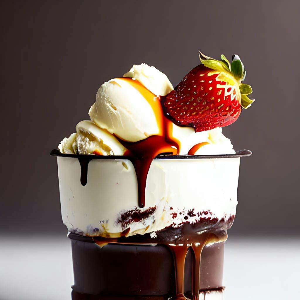 Vanilla Ice Cream Inside A Cup Dripping With Chocolate Sauce And Caramel Syrup With Bananas And Strawberries On Top