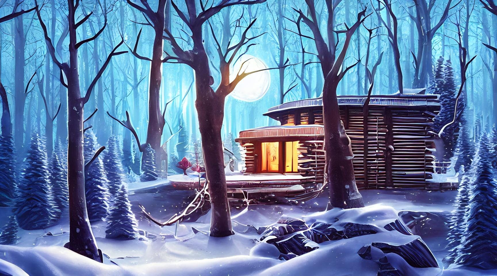 Winter Forest Cabin During A Moonlight Blizzard