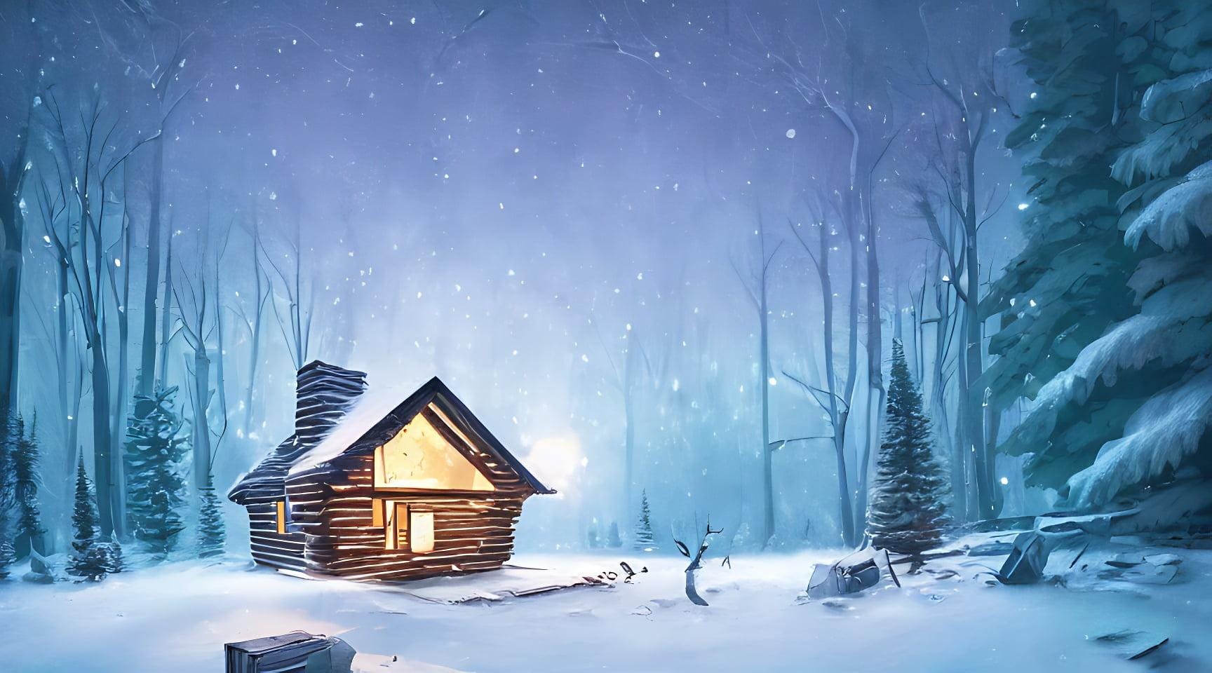 Winter Forest Cabin During A Moonlight Blizzard