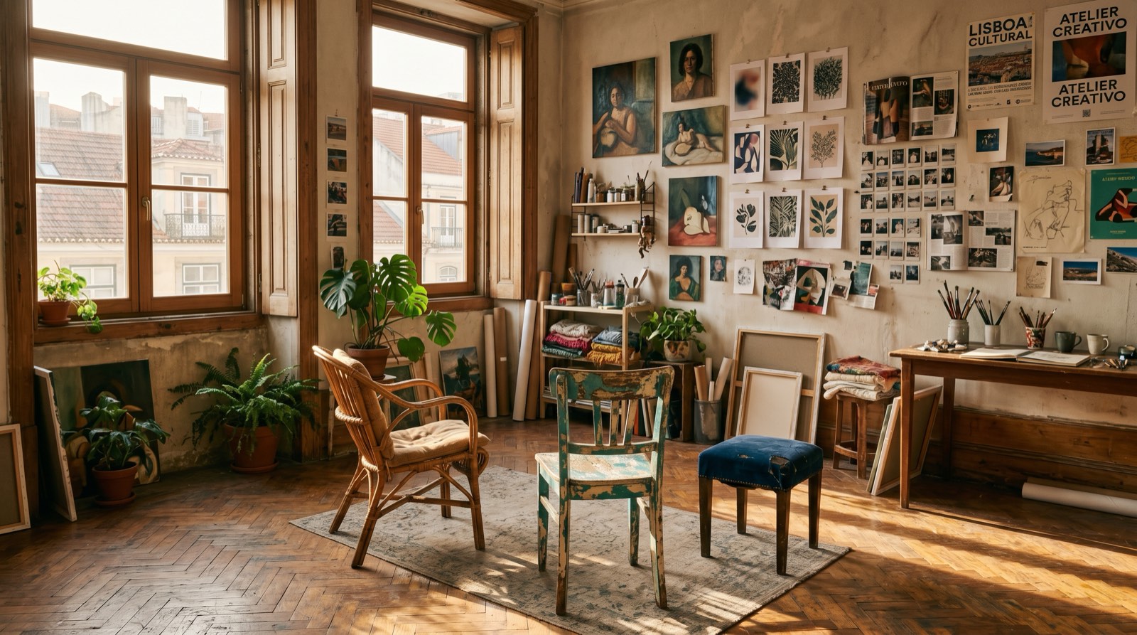 Prexi Lisbon studio – mismatched chairs, AI art prints on the walls