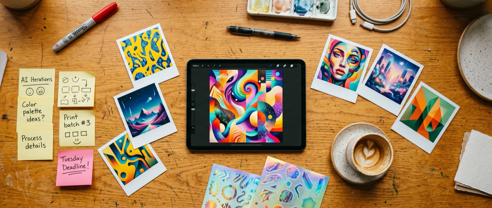 Artist desk flatlay – AI art prints, red sharpie, polaroids